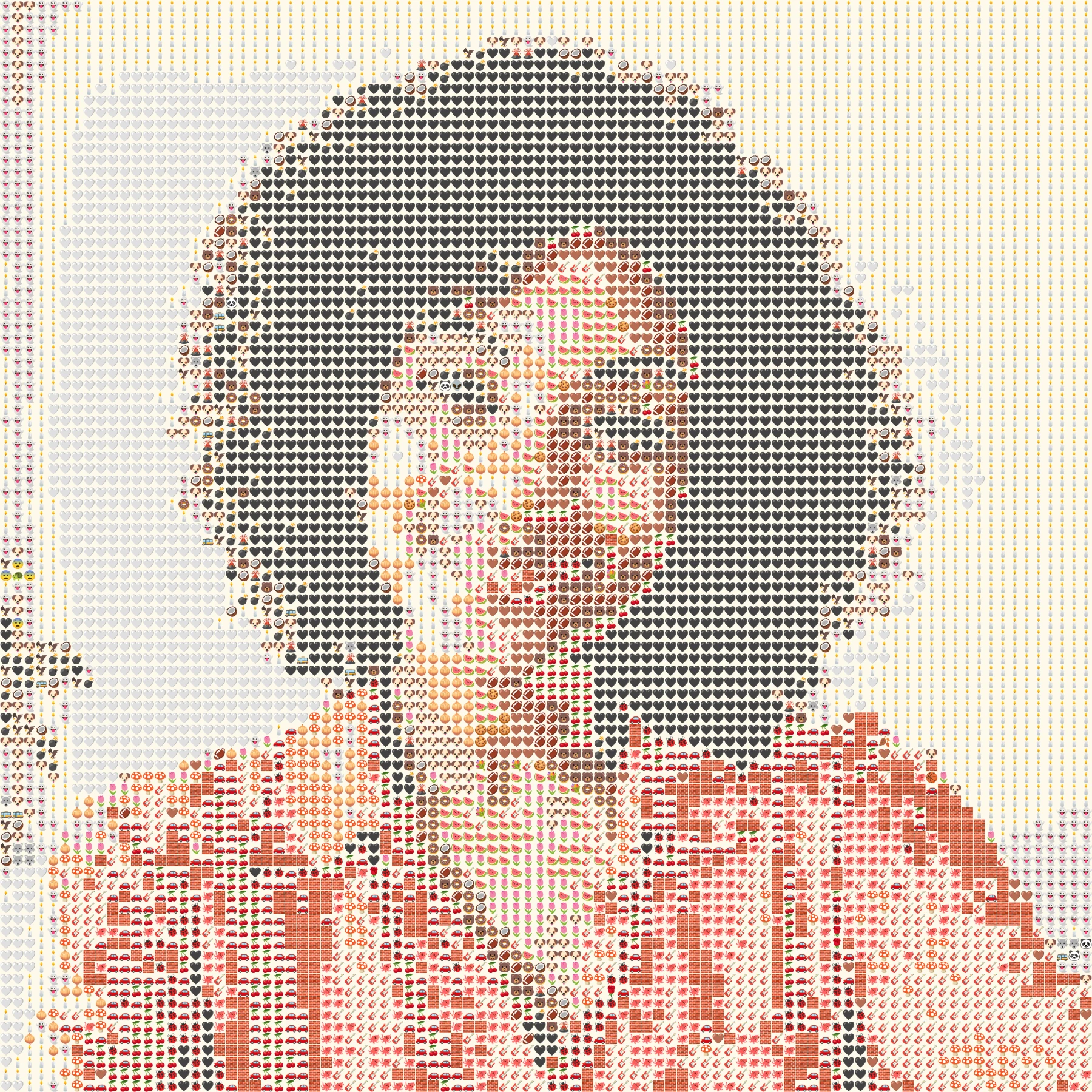 Emoji art generated from woman with curly hair smiling in a coral shirt