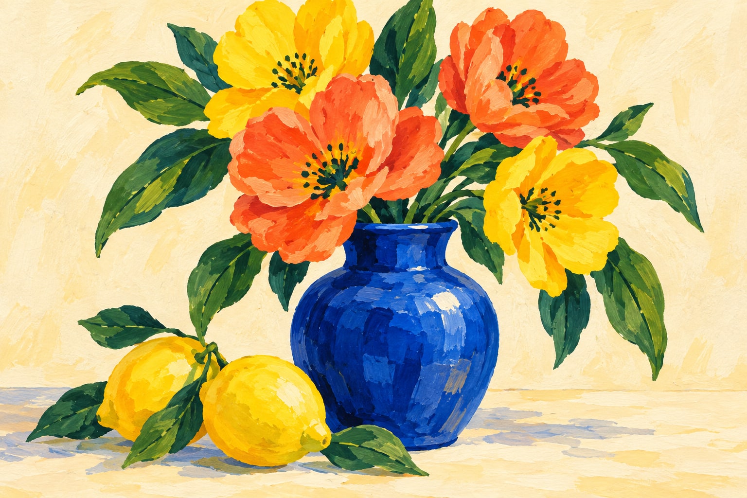 Painting of flowers in a blue vase beside lemons