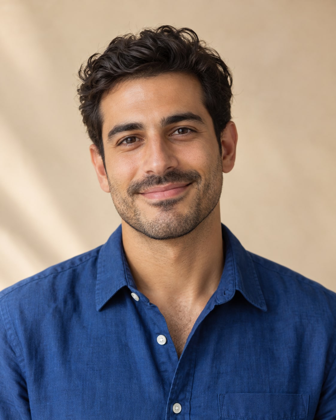 Man with dark wavy hair smiling in a blue shirt